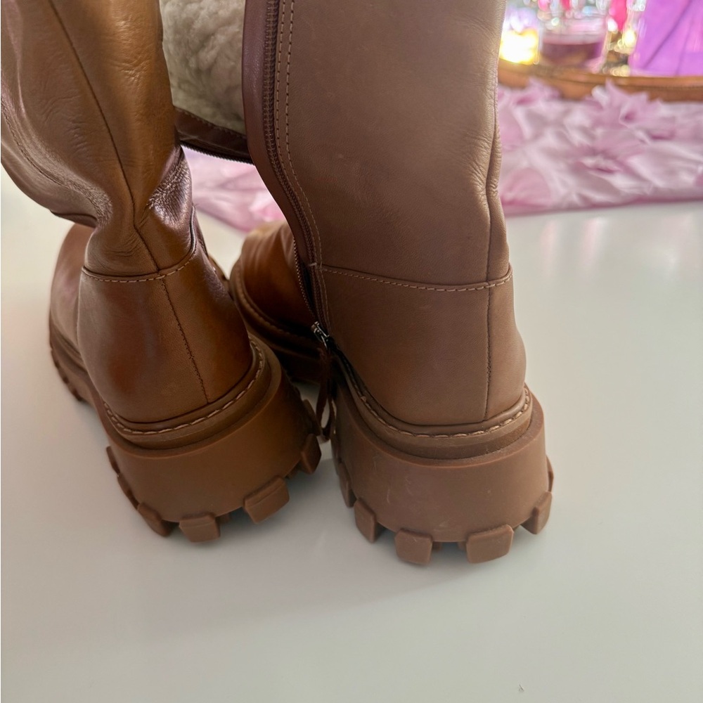 SCHUTZ Cognac Leather Mid-Calf Lug Sole Boots - Picture 8 of 10